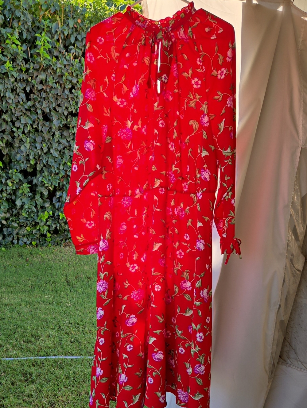 Unique Vintage Red Floral Maxi Dress with Pink and Green Accents